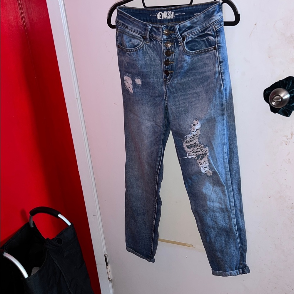 Remash Distressed High-Rise Mom Blue Jeans